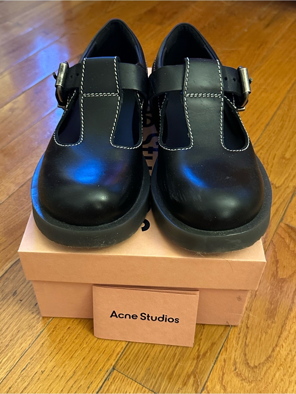 Acne Black Leather T-Strap Mary Jane Shoes with White Stitching
